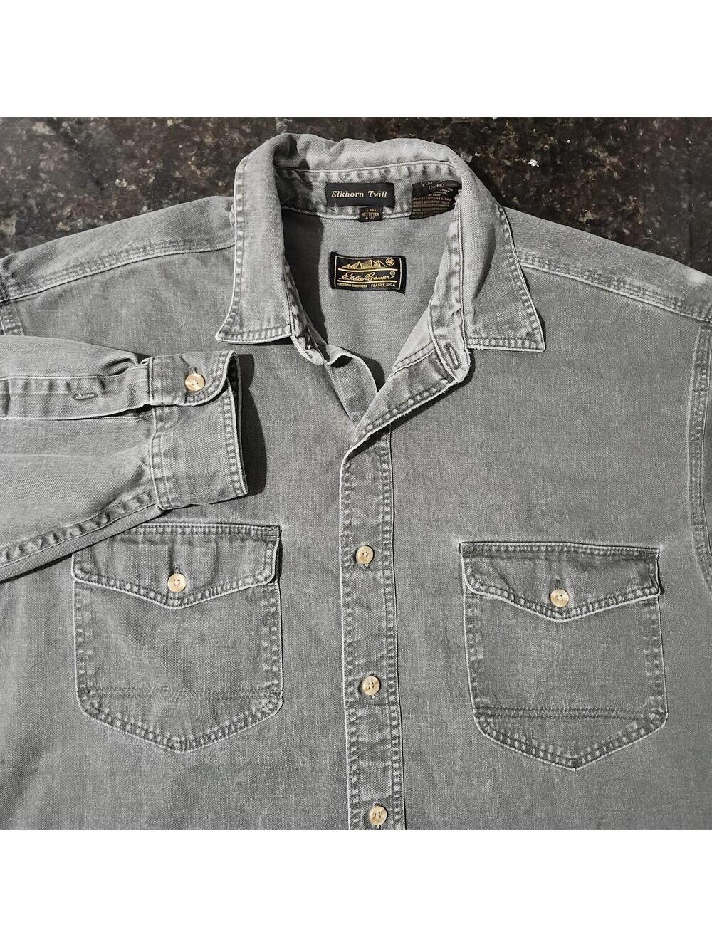 Vintage Eddie Bauer Elkhorn Twill Canvas Work Outdoor Shirt Denim USA Mens Large